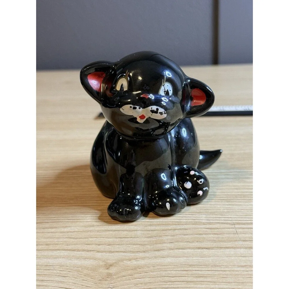 Vtg Redware Black Cat Figurine Candle Holder Kitschy Japan MCM Big Eye Halloween